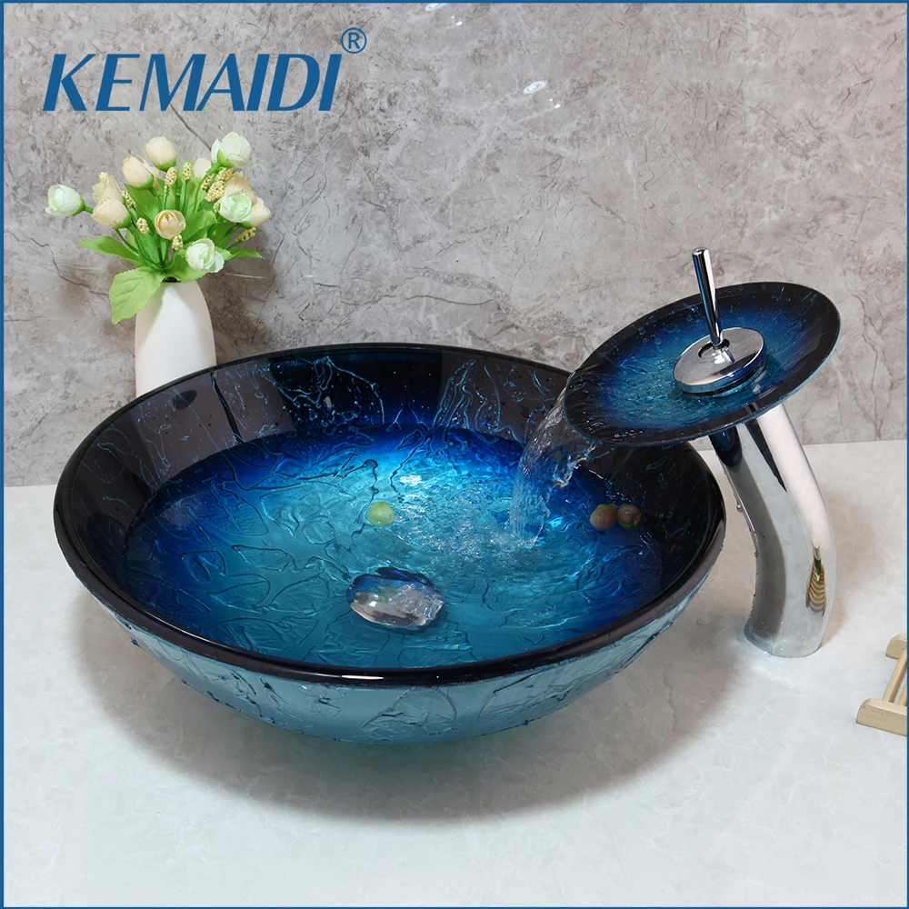 KEMAIDI الأزرق المحيط المقسى حوض زجاجي بالوعة الحمام الشلال مغسلة مرحاض تتحد سفينة الغرور خلاط صنبور صنبور مجموعة