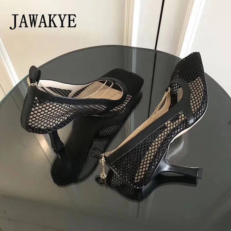 JAWKYE/пикантные сетчатые сандалии-гладиаторы на высоком каблуке; женская обувь с квадратным носком, украшенная цепочкой; Летняя обувь без застежки для рыбалки; Sandalias De Mujer