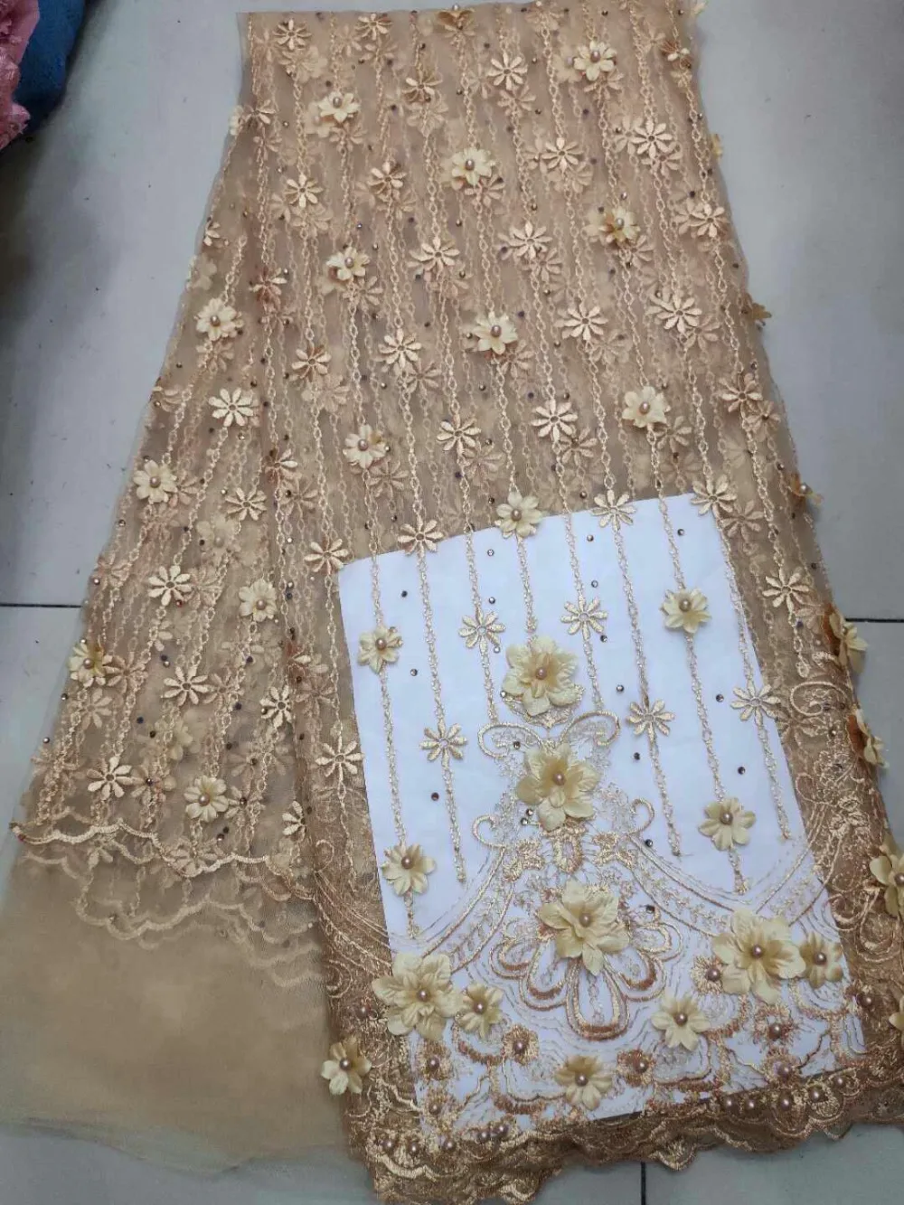 NEW Pink Gold Wedding Dress Lace Fabric 3D Chiffon Flowers Nail Stones High End European 5 yards/lot Free Shipping | Дом и сад