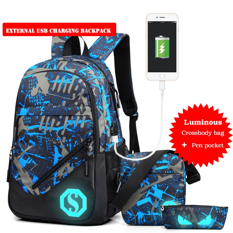 OZUKO Fashion Men's Backpack Luminous Students School Bags External USB Charge Laptop Backpacks Teenagers Casual Travel Mochila