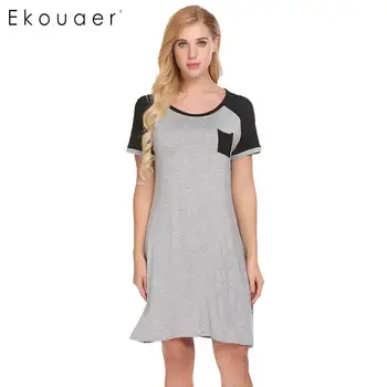 

Ekouaer Night Dress Women Loose Chemise Sleepshirts Pocket Short Sleeve O-Neck Casual Summer Comfortable Nightgown Homewear