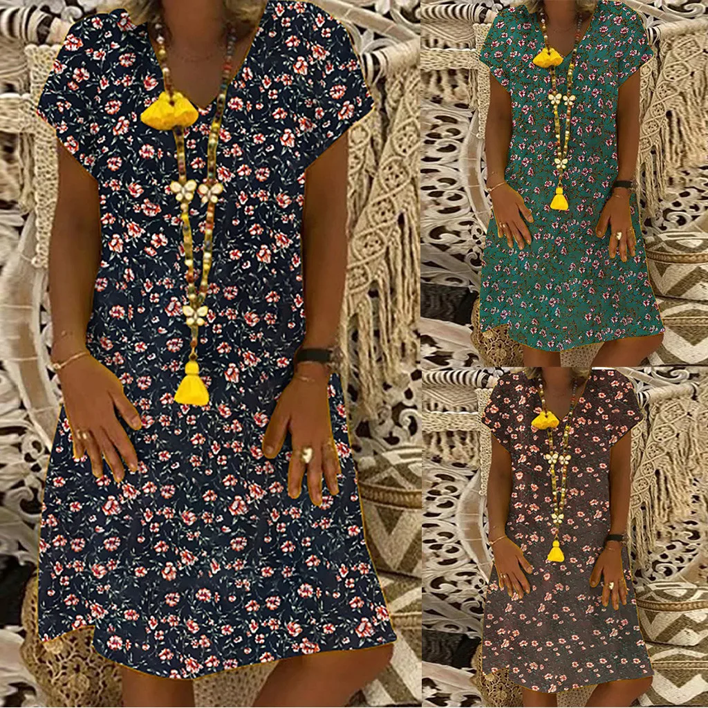 

2019 Hot Sales Women Print Summer Boho Beach Dress Women Vintage Flower Printed V-Neck Short Sleeve Plus Size Casual Dress M-5XL