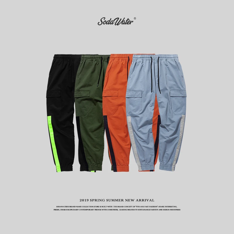 

SODA WATER Men's Cargo casual Pants Hip hop Elastic Waist Cargo Pants Cotton Male Trousers Pencil Pants Streetwear Pants 8868W
