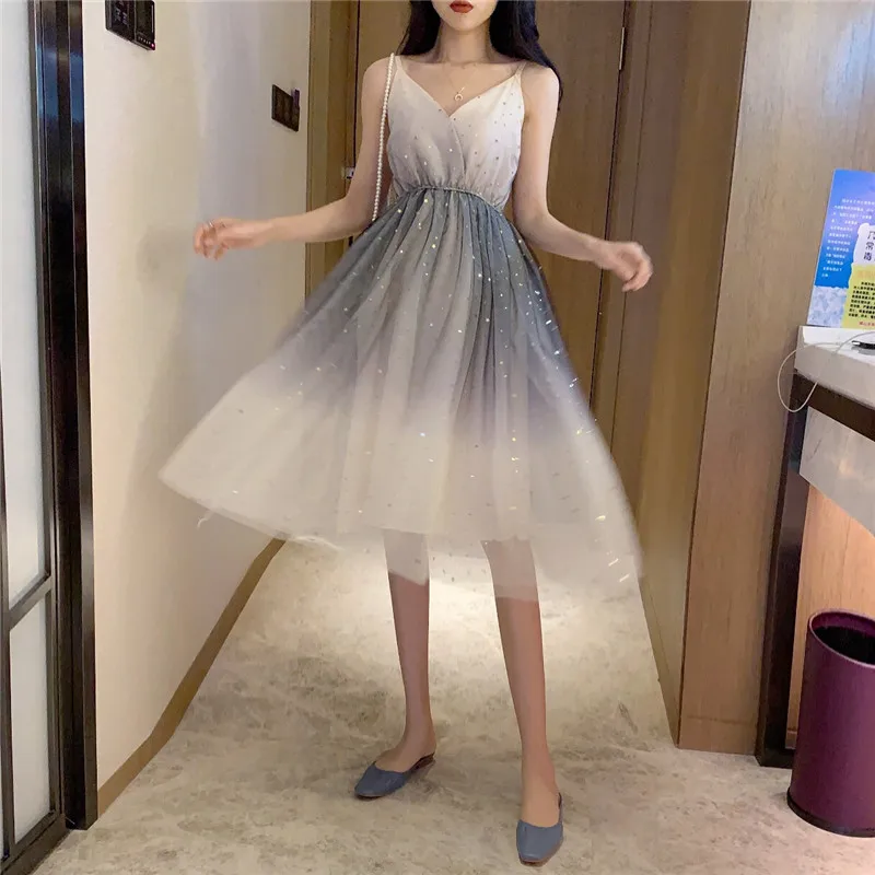 

Women's Clothing Dresses summer new party dress off shoulder Sweet beauty Net yarn perspective Low-cut Sequins sexy Backless