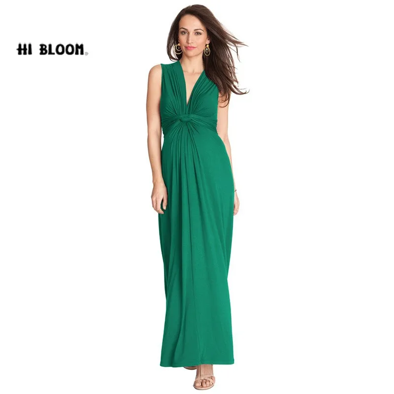 V-образный вырез спереди Узел платье макси для беременных без рукавов благородные длинные свадебные вечерние платья с поясом для беременных - Цвет: Green