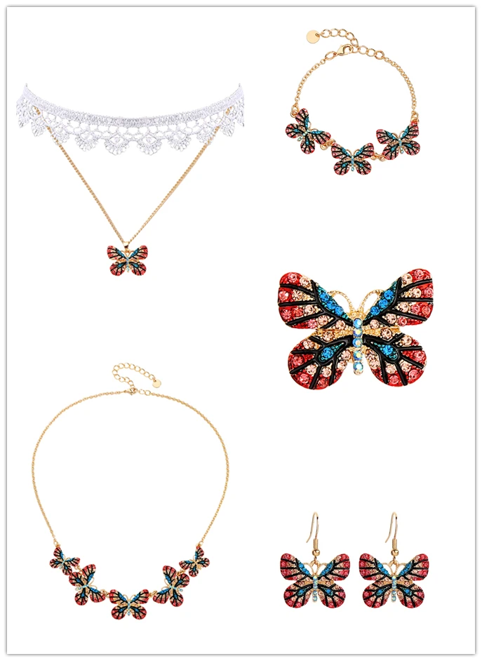 

Dancing Butterfly Series Jewelry Sets Hoop Earrings High Quality Elastic Lace Short Necklace For Women Delicate Hair Pins Collar
