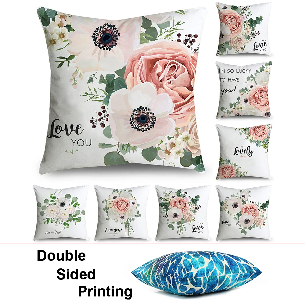 Double Sided Printing Pink Love Flower LetterPillow Case Throw Pillows