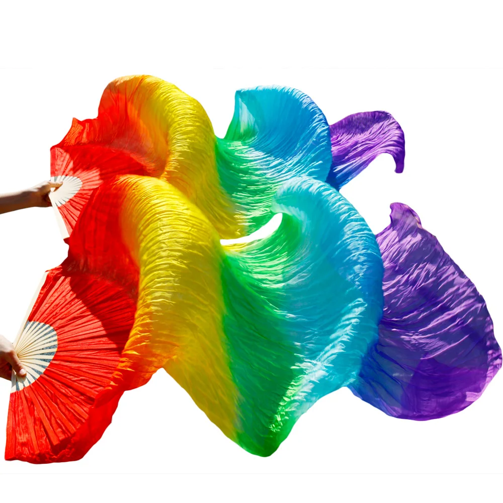 2018 Newest Handmade Bamboo Ribs Dance Props Silk Belly Dance Fans Natural Silk 1 Pc Left hand+1 Pc Right Hand rainbow color