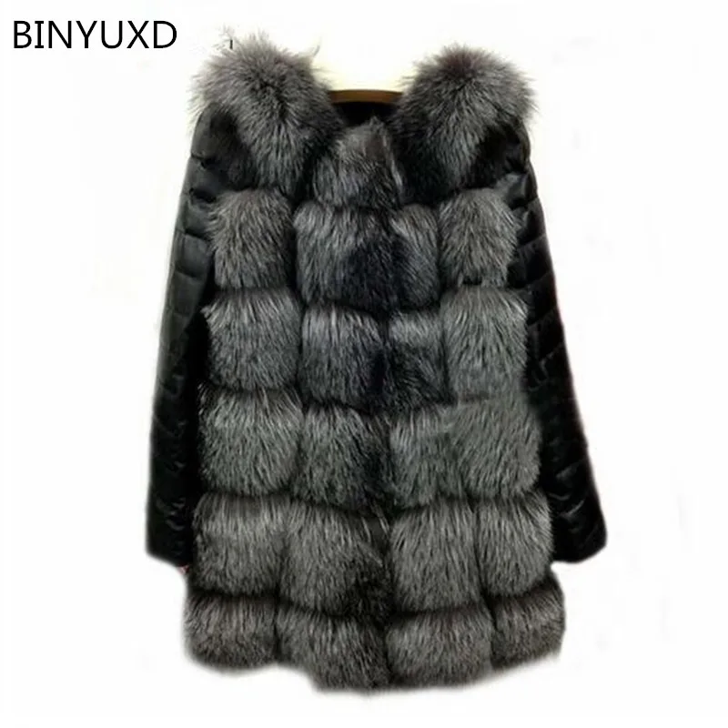BINYUXD 2017 New High Quality High Imitation Silver Fox Fur Coat PU Sleeves Warm Winter Coat Fox Coat Big Yards Overcoat