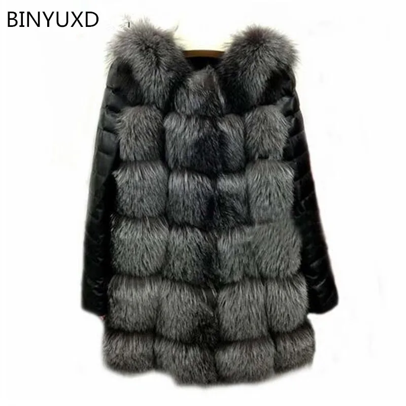 BINYUXD теплое пальто из искусственного меха лисы с рукавами искусственной кожи