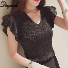 Dingaozlz New Fashion Women Knitted shirt Summer Ruffles Sleeve Pullovers Tops Solid color V-neck Casual Sweater Dingaozlz New Fashion Women Knitted shirt Summer Ruffles Sleeve Pullovers Tops Solid color V-neck Casual Sweater
