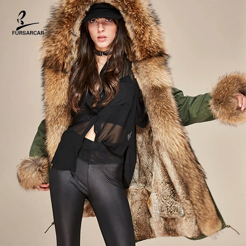 

FURSARCAR Winter Jacket Women Real Natural Fur Thick Warm Parka Coat With Large Fur Collar Hat For Female Long Outwear 2019 New