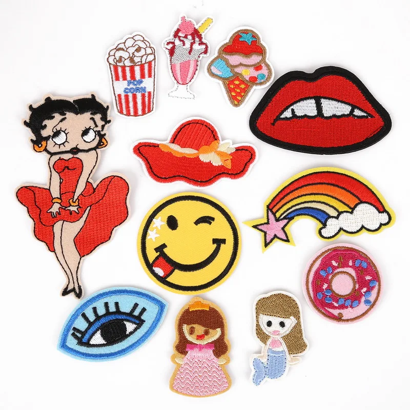 

12pcs Iron-On Patches For Clothes Sexy Lip Rainbow Emoji Applications Stripes On Clothes Embroidered Sewing Jeans Decoration
