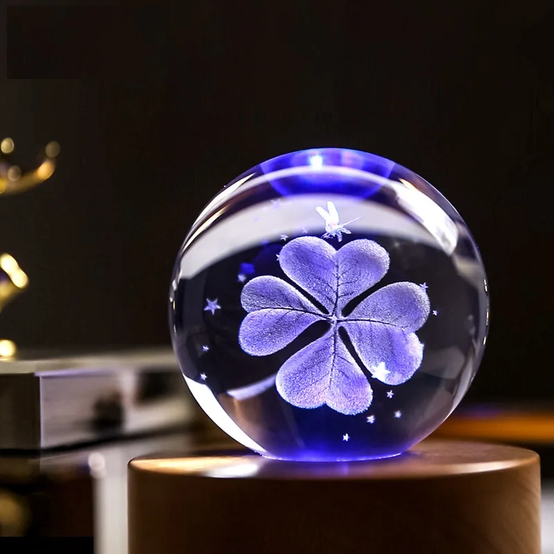 

Luxury 3D Laser Engraved Clover Crystal Ball Quartz Glass Sphere Miniatures Gifts Christmas Present Accept Custom Photo