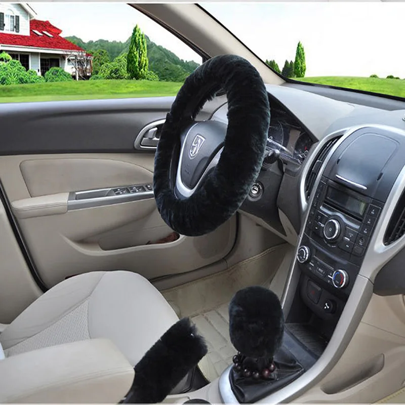 black faux wool steering wheel cover
