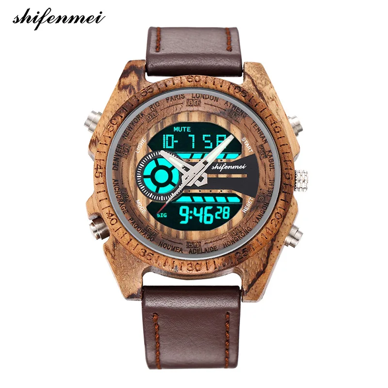 

shifenmei 2139L Wooden Watches Digital Men's watch LED Double display Luminous Hand engraved Wood Watch Wristband male female