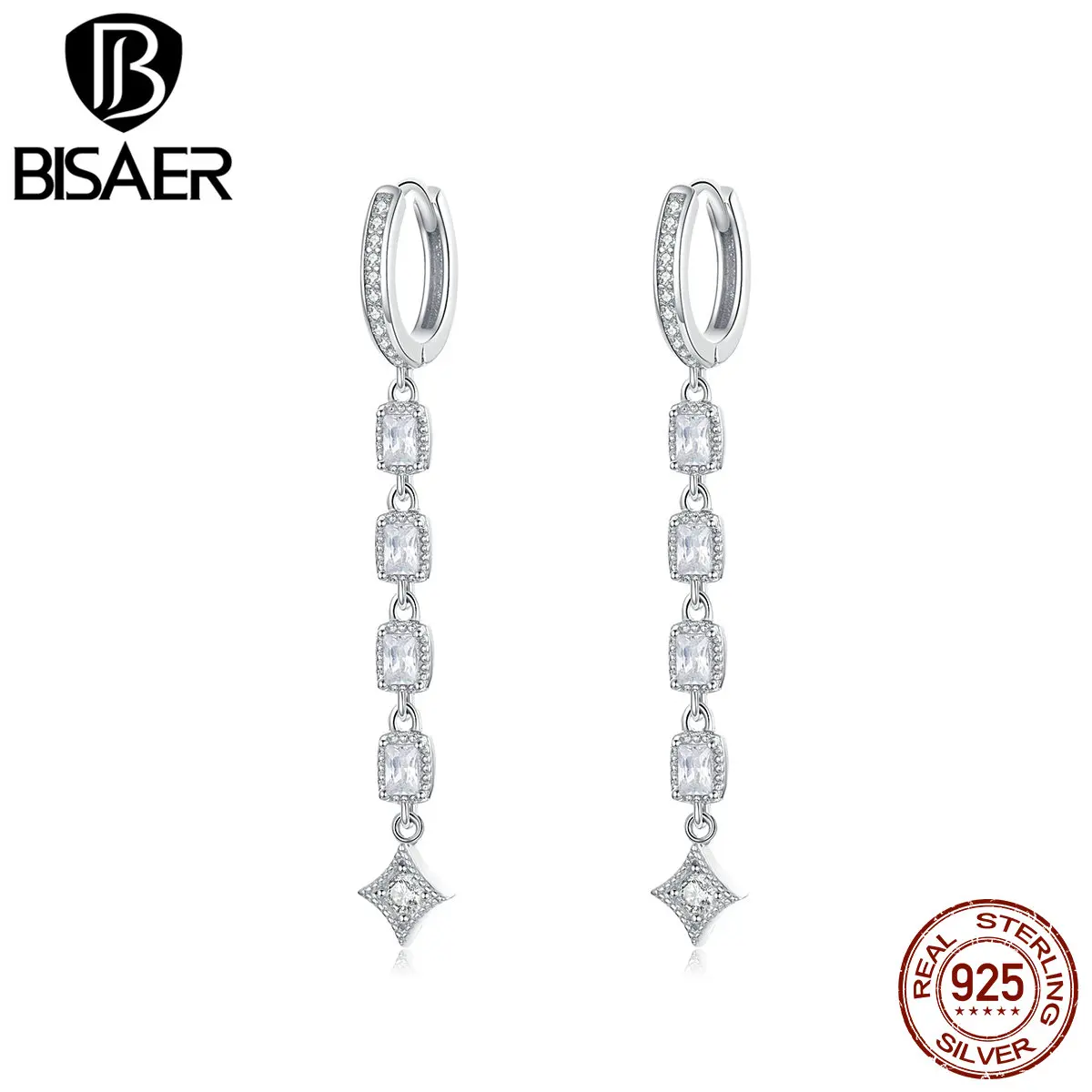 

BISAER 100% 925 Sterling Silver Luminous Cubic Zircon Drop Earrings for Women Crystal Wedding Earrings Jewelry Brincos ECE583