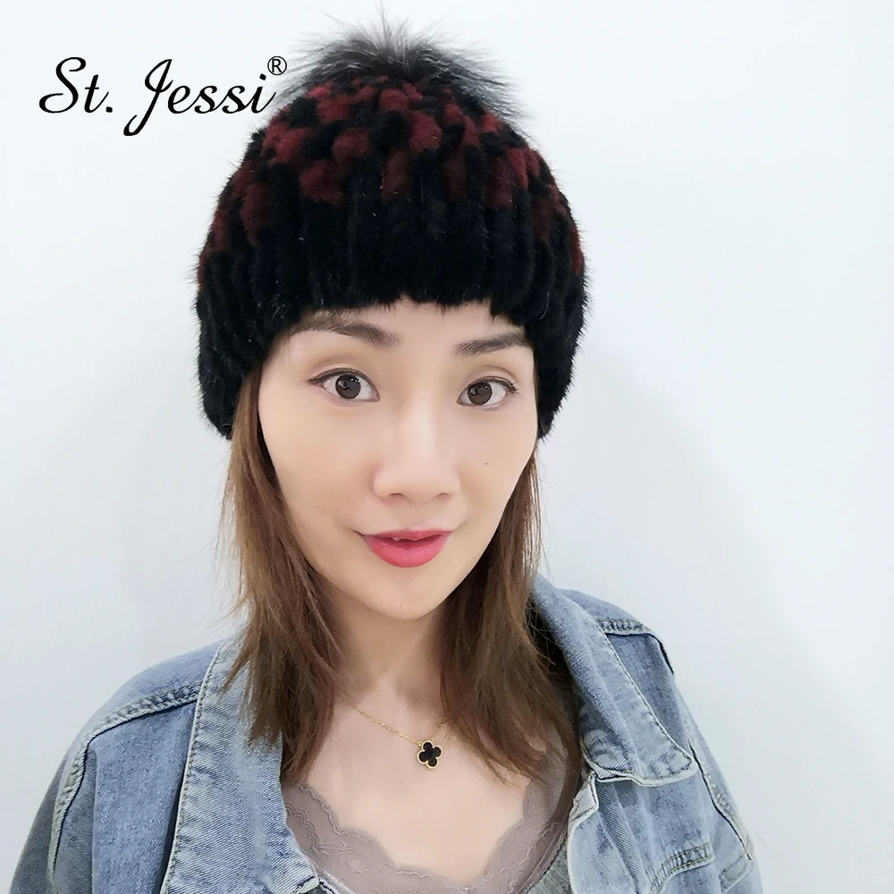 ST. Jessi женские натуральный мех норки, клетчатые головные уборы ручной работы, вязаные с серебристым лисьим мехом шары помпоны, Толстая теплая шапка