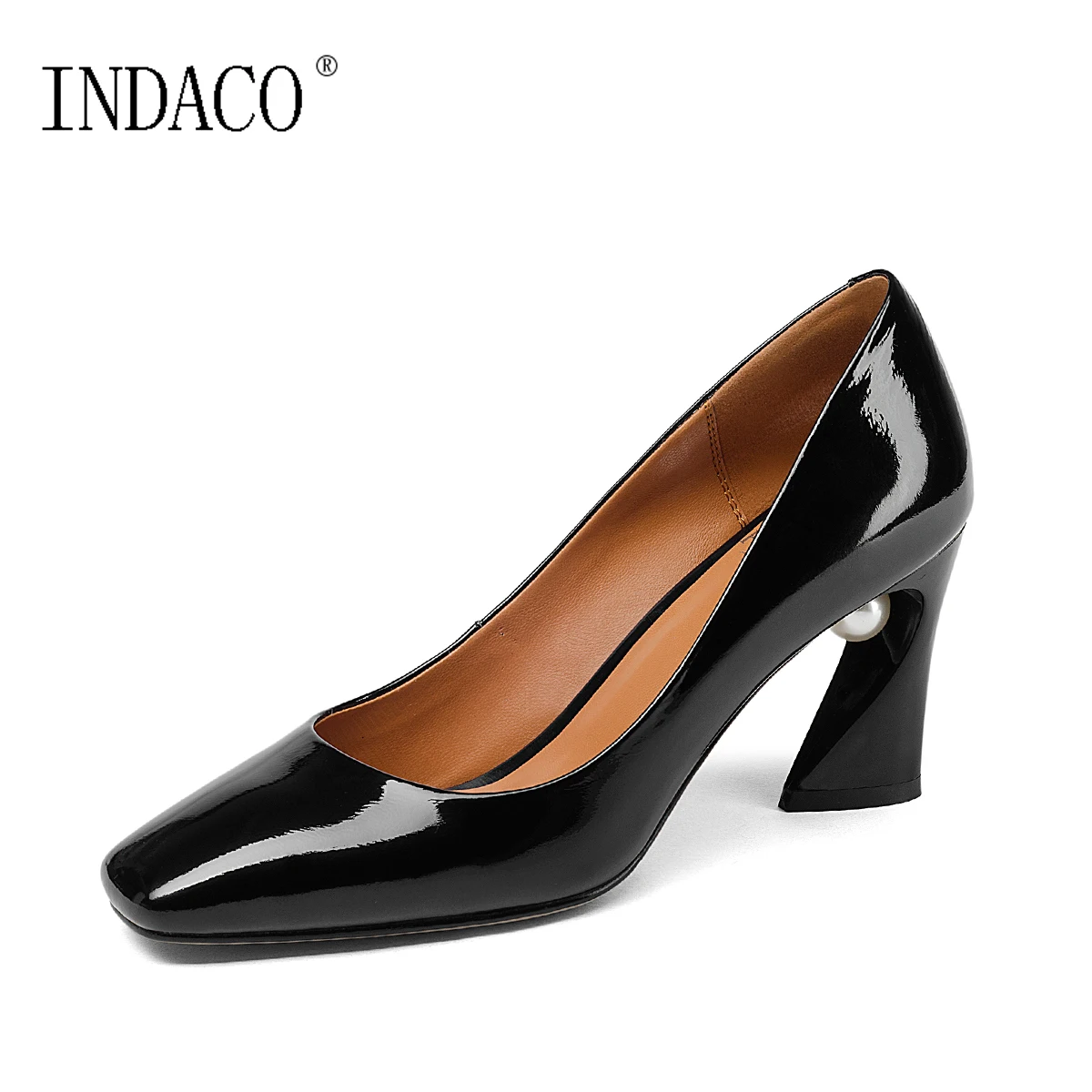 

2019 Square Toe Leather Pumps Black Black Pearl Hoof Heel 7.5cm Cowhide Patent Leather Tacones Mujer