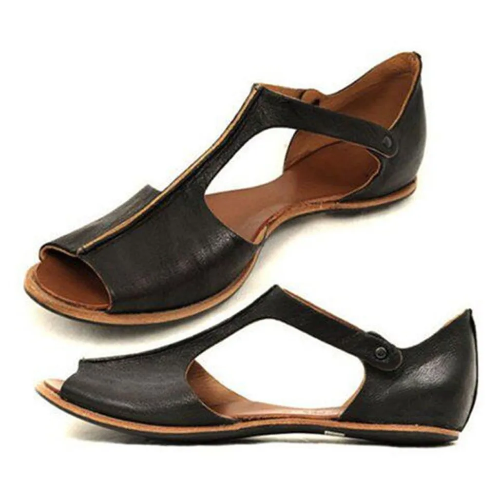 Женские босоножки из искусственной кожи; летняя модная обувь на плоской подошве; пляжная обувь с открытым носком; женские сандалии в римском стиле ретро с открытым носком на щиколотке - Цвет: B