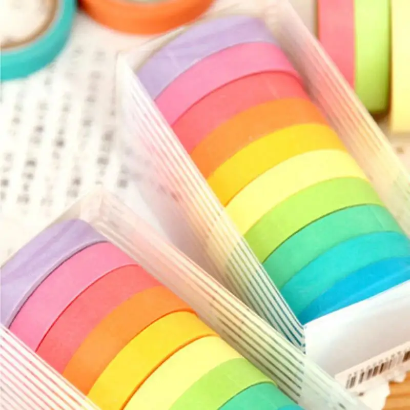 JX-LCLYL 10pcs/set 10in1 Colorful 0.7cm x 5M Adhesive Sticker Washi Paper Masking Tape Decoration