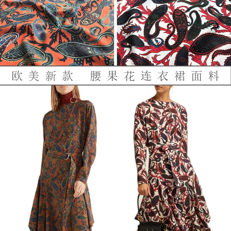 

2019 new white orange cashew flower print dress shirt fabric spring and summer polyester printing fashion micro-transparent hot