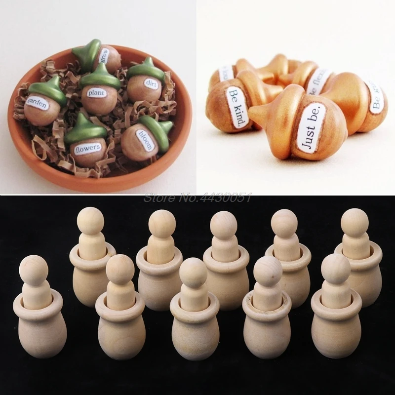 

10Pcs Acorn Set Shape Wooden Peg Dolls Unfinished Paint Stain DIY Decor Crafts