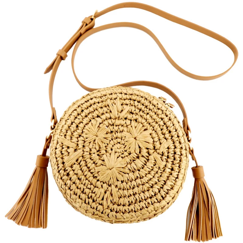 

Round Women Lady Handmade Knitted Woven Rattan Bags Straw Messenger Beach Bag Girl National Handbags Messenger Bag