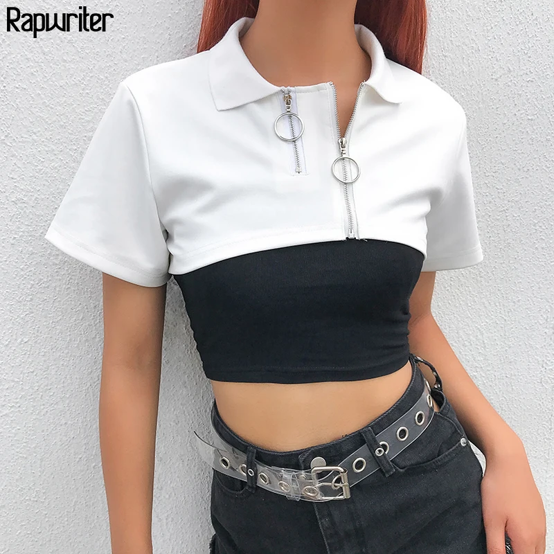 

Rapwriter Casual Turn-down Collar Short Sleeve Short Ring Zipper T-Shirt Women 2019 Summer Streetwear Korean Basic Tees female