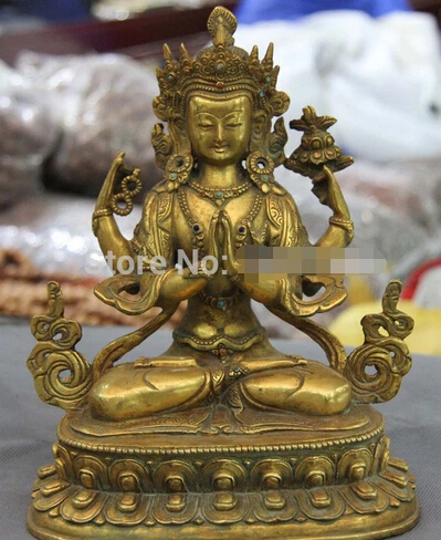 

0Tibet 100% Pure Bronze 24K Gold Gild inlay Gem Four arm Guan Yin Kwan-yin Statue