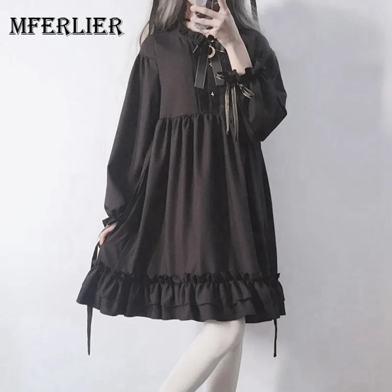 

Mferlier Chiffon Dress Autumn Lolita Bow Ruffled Collar Lantern Sleeve High Waist Pleated Ruffles Hem Women A Line Dress