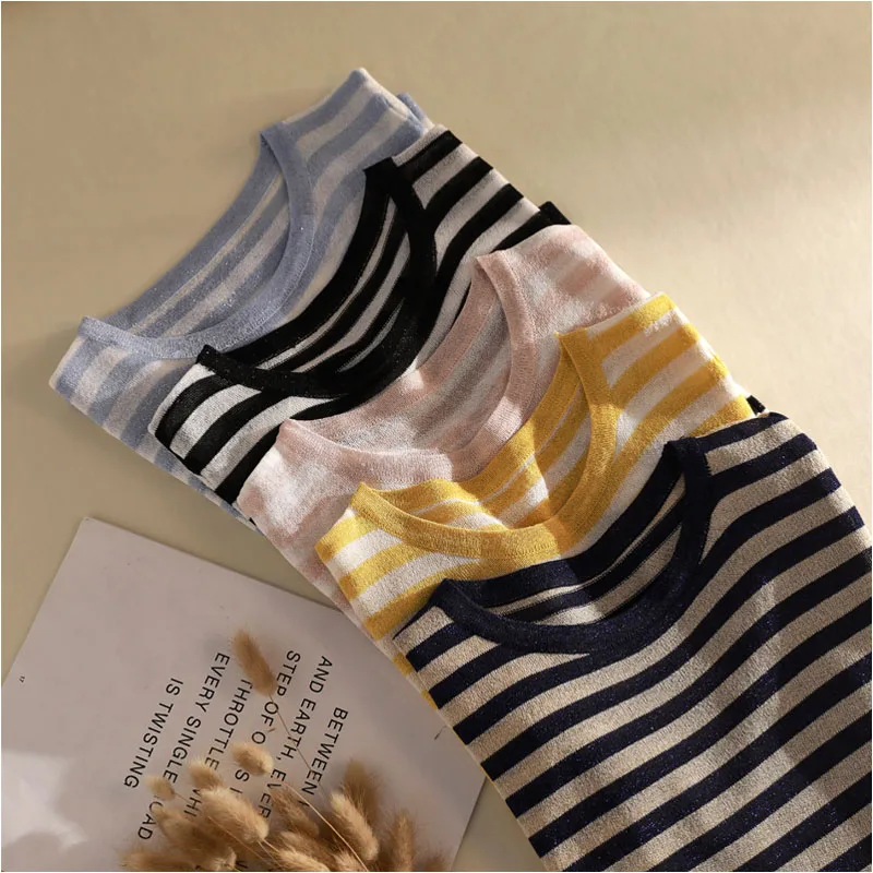 

cool thin summer striped knit t-shirt Women short sleeve T-Shirt bling O-neck cool Glitter Basic t-shirt sexy shiny top cheap