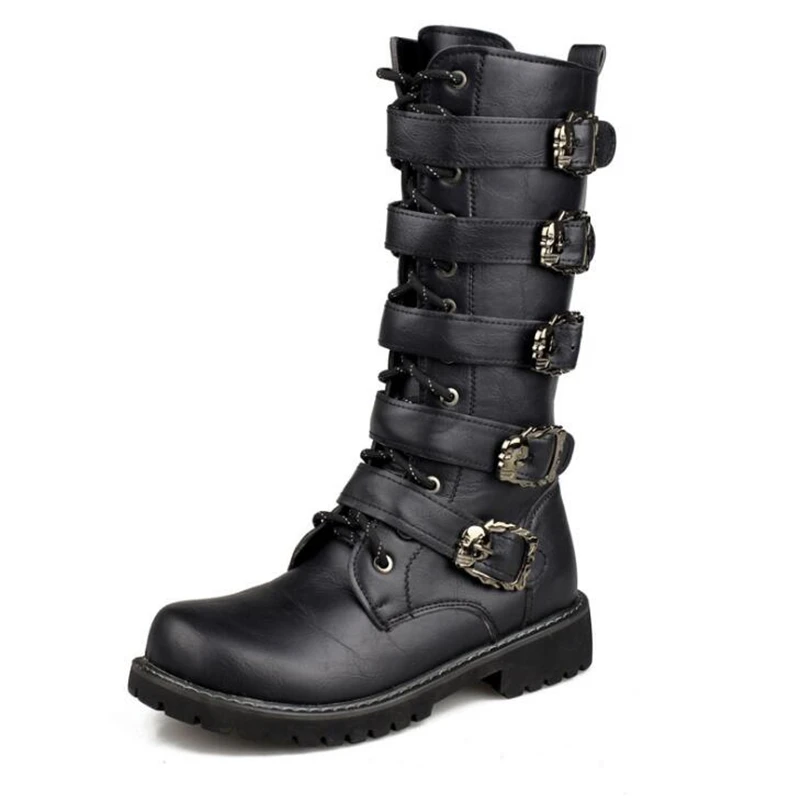  Men's Leather Motorcycle Boots Mid-calf Military Combat Boots Gothic Belt Punk Boots Men Shoes Tact