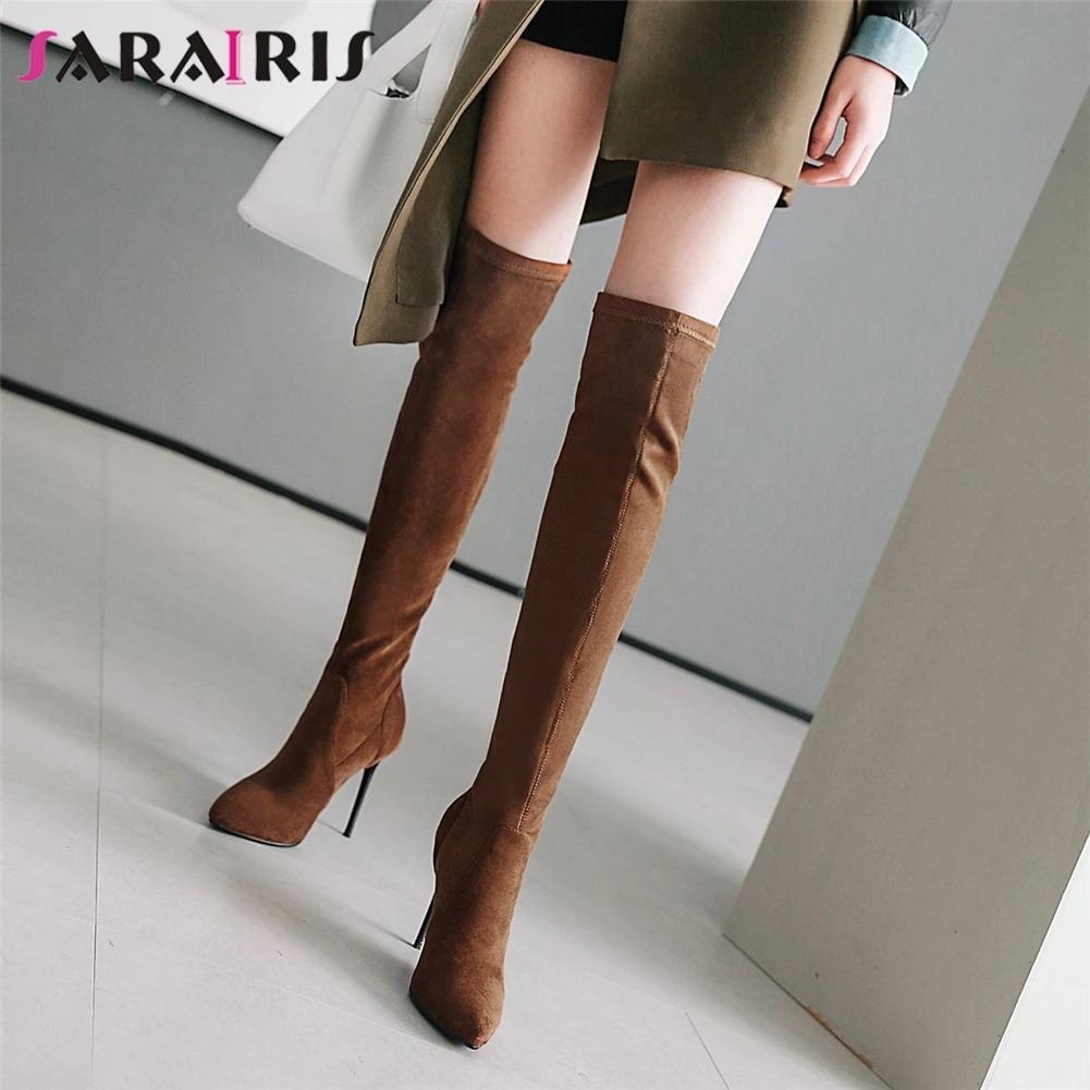

SARAIRIS New Fashion Thin High Heels Zip Solid Pointed Toe Shoes Woman Casual Winter Over The Knee Boots Black Big Size 33-46