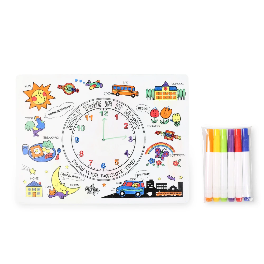 Kids Silicone Coloring Placemats Time Learning with 6 Non-toxic Markers Reusable Heat-resistant Children Coloring Drawing Mat