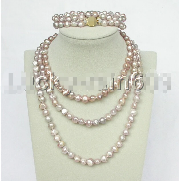 

shipping stylish 49" 8-9mm baroque purple pearls necklace 2row bracelet set e1461 (A0516)