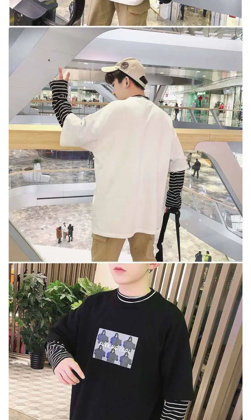 Крутая футболка в Корейском стиле Харадзюку, черно-белые футболки в стиле хип-хоп для мужчин и женщин, Весенняя свободная футболка из двух частей с длинным рукавом