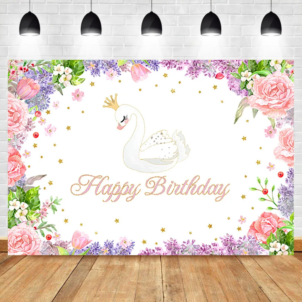 White Cute Swan Birthday Backdrop Purple Pink Flower Photo Background Girl's Party Dessert Table Photographic Props Backdrops