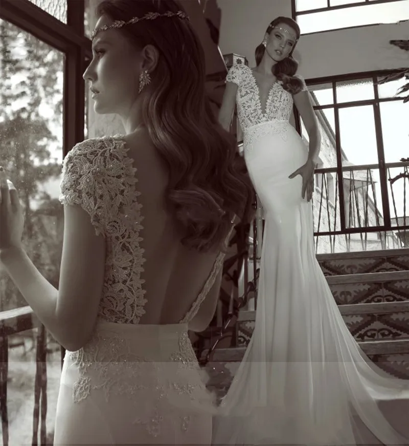 

Romantic Lace Backless Wedding Dresses Mermaid Trumpet V Neck Short Sleeves Beads Pearls 2014 Bridal Gown yk8R908