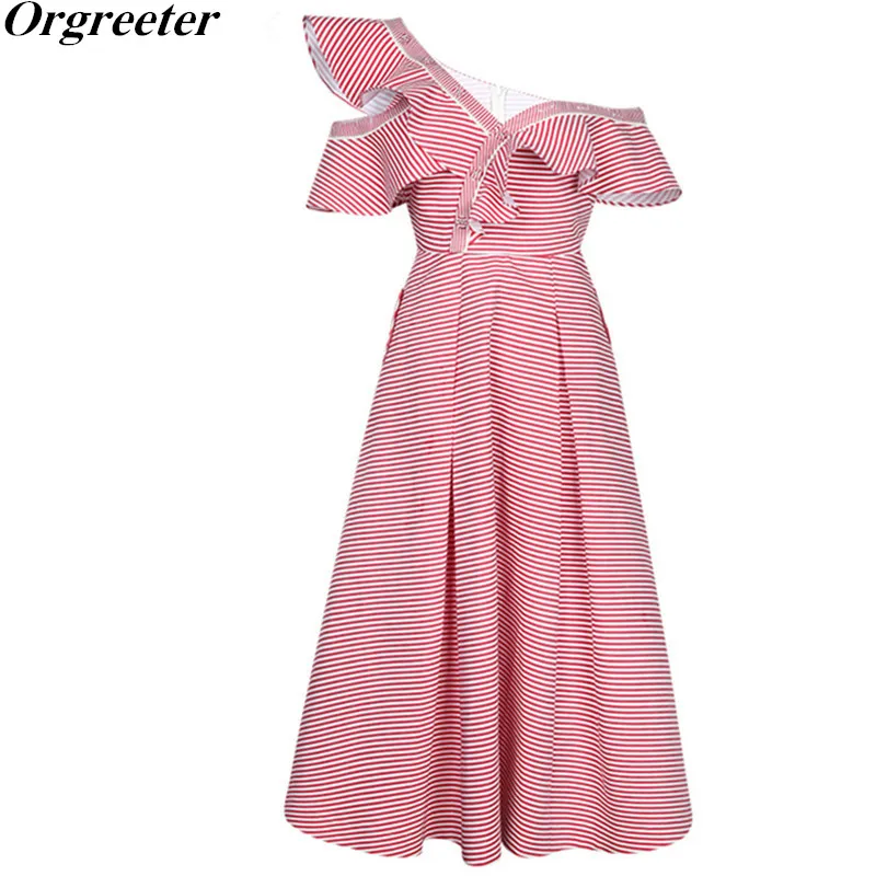 

Orgreeter Sexy Off Shoulder Summer Runway Dress SP New 2018 Red Striped One Shoulder Ruffles Female Party Women Dress