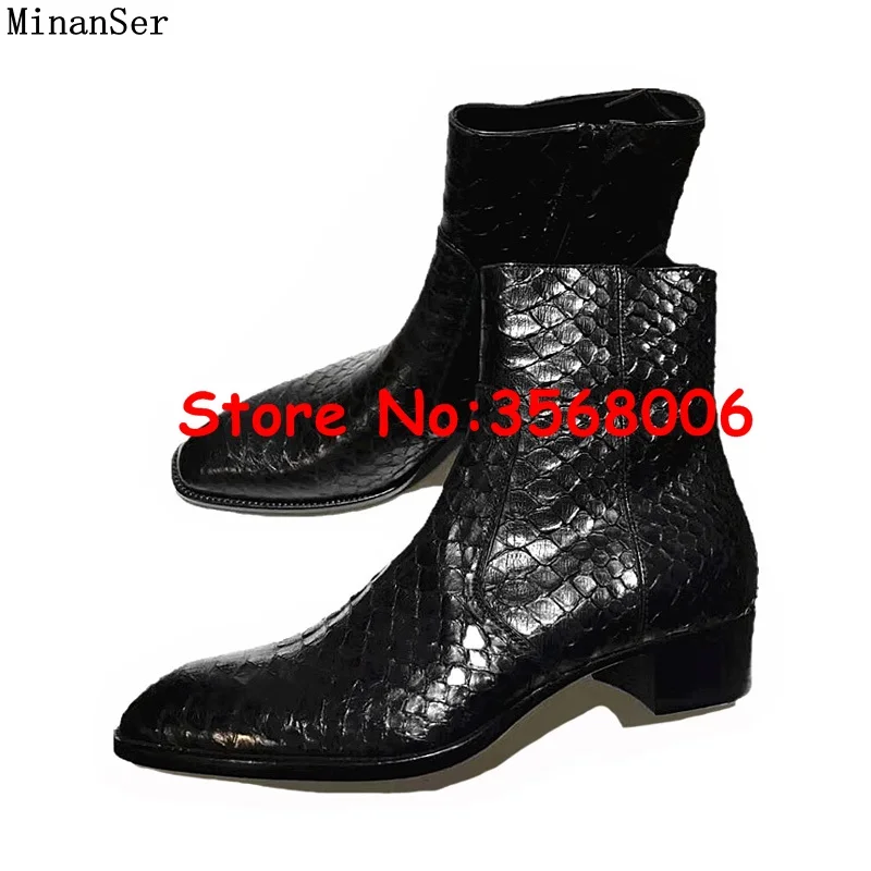 Snake Skin Leather Pointy Toe Zipper High Top Men Chelsea Boots Shoes Rome Style Casual Spring Autumn Man Ankle Boots Shoes