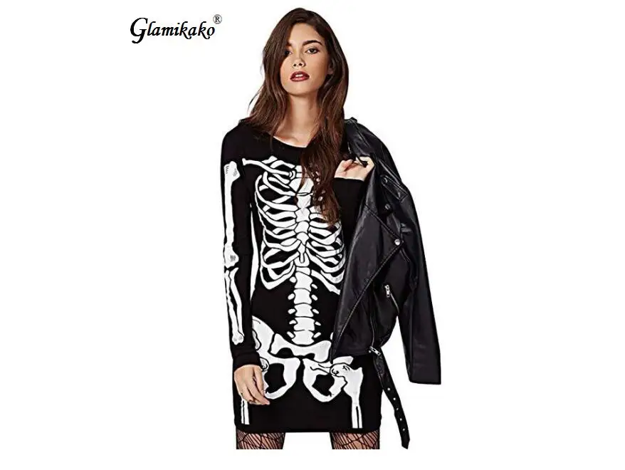 

Glamikako European and American style skull Dress Women Long leisure Dress Party Casual 3D printed Halloween dresses