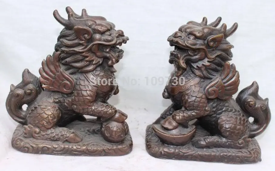 

002829 Chinese Bronze Fengshui Wealth Yuanbao Bat Kirin Kylin Beast Chi-lin Pair Statue