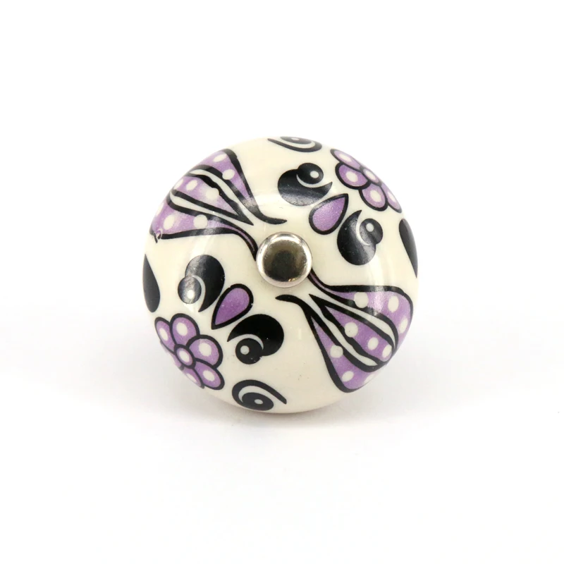 Purple Black Floral Ceramic Cabinet Knobs Furniture Handle