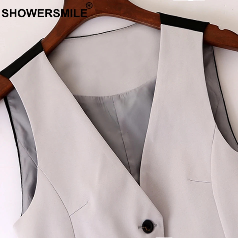 SHOWERSMILE Grey Waistcoat Women Short Elegant Ladies Vest Cotton Slim Fit OL Fashion Female Cheap Spring Sleeveless Jackets 4xl