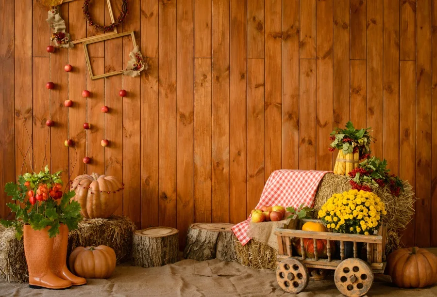 

Laeacco Farm Warehouse Wooden Wall Pumpkin Hay Stack Photography Background Customized Photographic Backdrop For Photo Studio