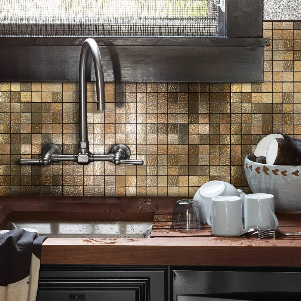 Peel And Stick Tile Metal Backsplash For Kitchen Home Decor Bronze Retro Wall Sticker