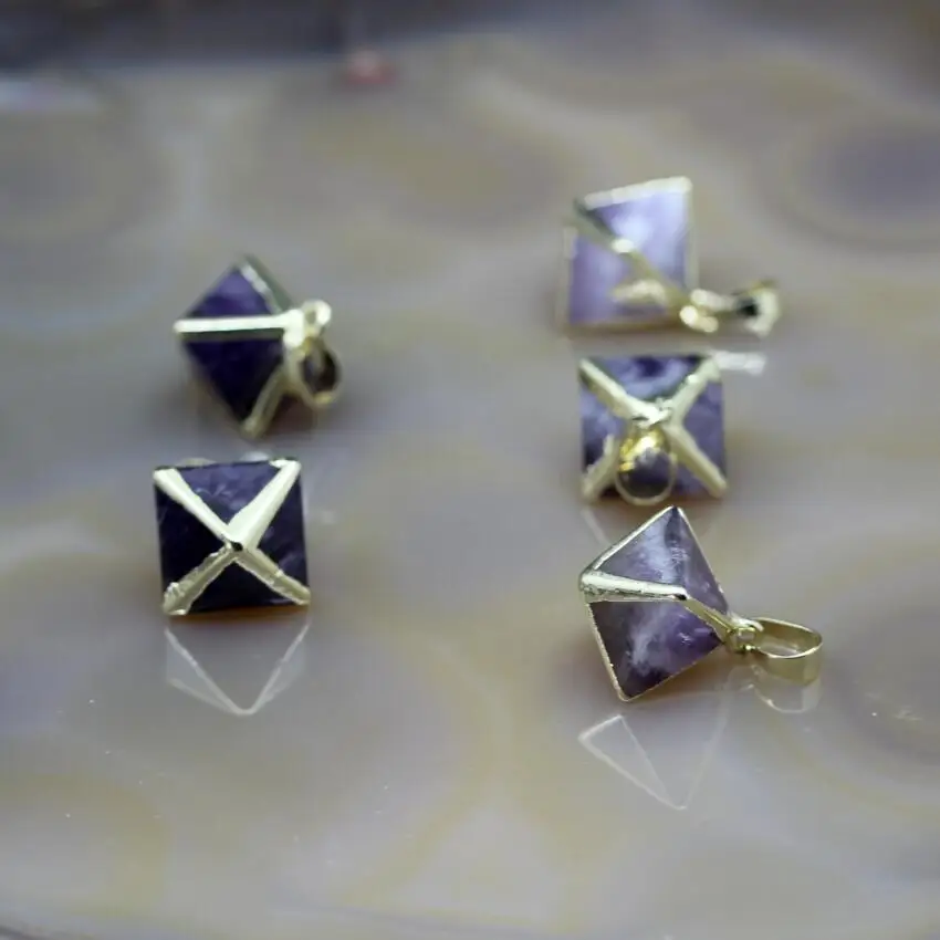 

5Pcs/lot,Amethysts Faceted Nugget Charms Gold Edges,Purple Crystal Gems Stone Double Pyramid Octahedron Pendants,Jewelry Making