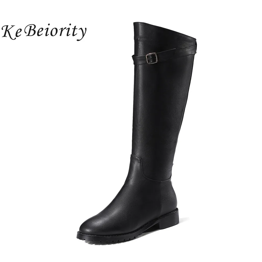 

KEBEIORITY Fashion Leather Knee High Boots Women Low Heel Ladies Red Black Boots Female Autumn Long Boots Plus Size 33-43