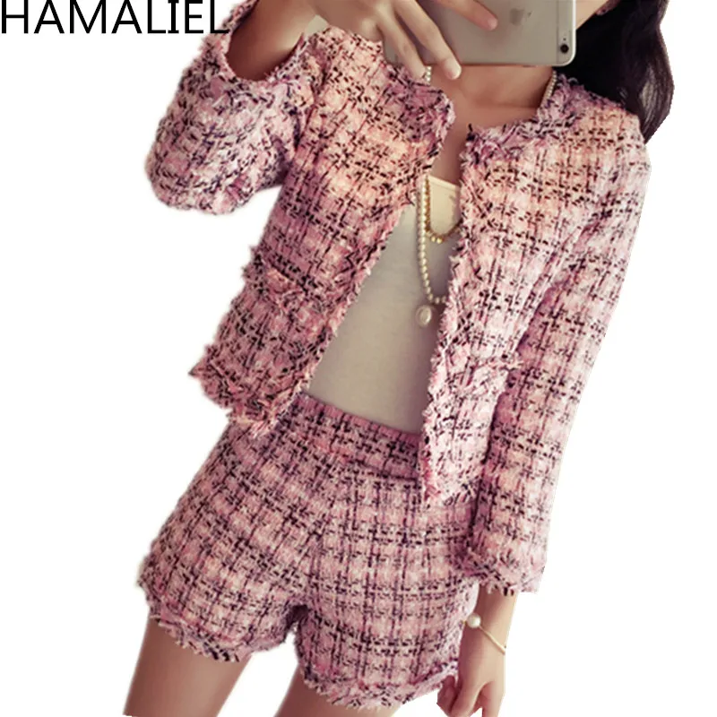 

HAMALIEL S-XXL Plus Size Autumn Winter Women Tweed 2 Piece Set 2018 Fashion Slim Pink Plaid Tassel Jacket Coat + Short Suits